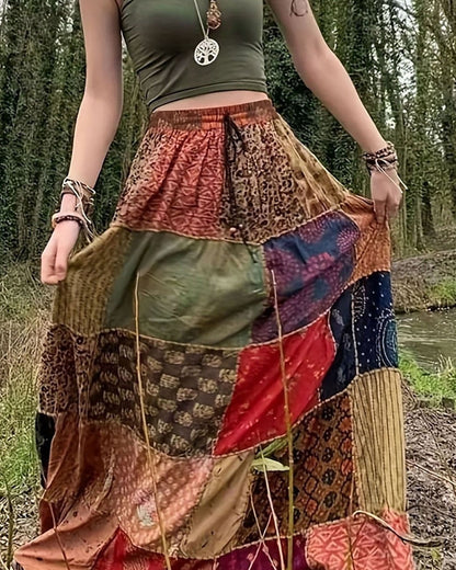 Damenrock, lässiger Boho-Maxirock mit mittlerer Leibhöhe, Blumenmuster, mikroelastisch, Urlaub, Streetstyle, rot-blau, Sommer, Polyester