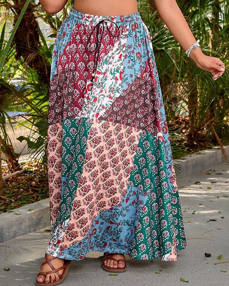 Damenrock, lässiger Boho-Maxirock mit mittlerer Leibhöhe, Blumenmuster, mikroelastisch, Urlaub, Streetstyle, rot-blau, Sommer, Polyester