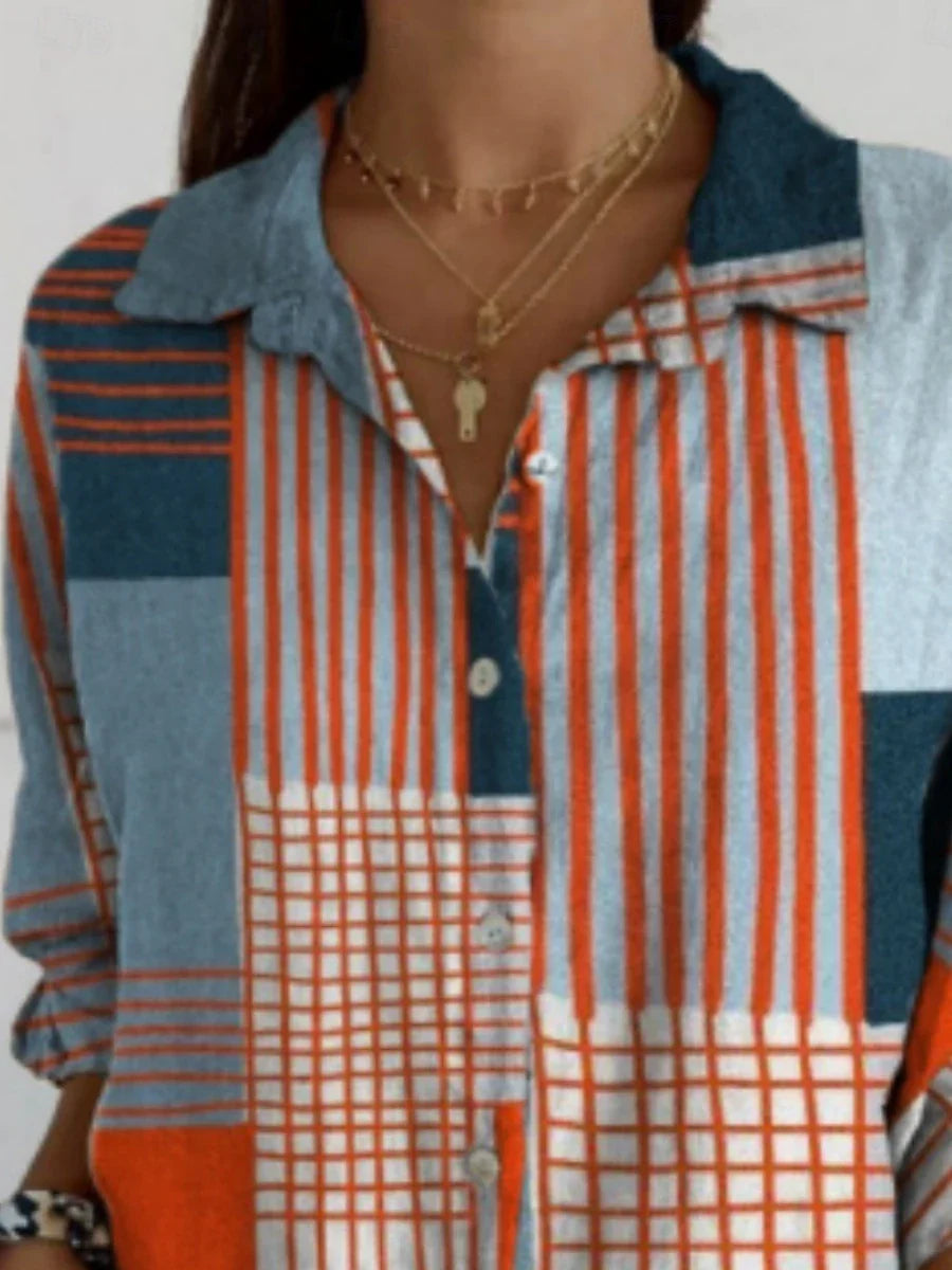 Damenbluse mit geometrischem Farbblock, stilvolles Langarmhemd mit Kragen, normale Passform, für den Alltag und Urlaub, mit Knöpfen und Print, blau, Sommer