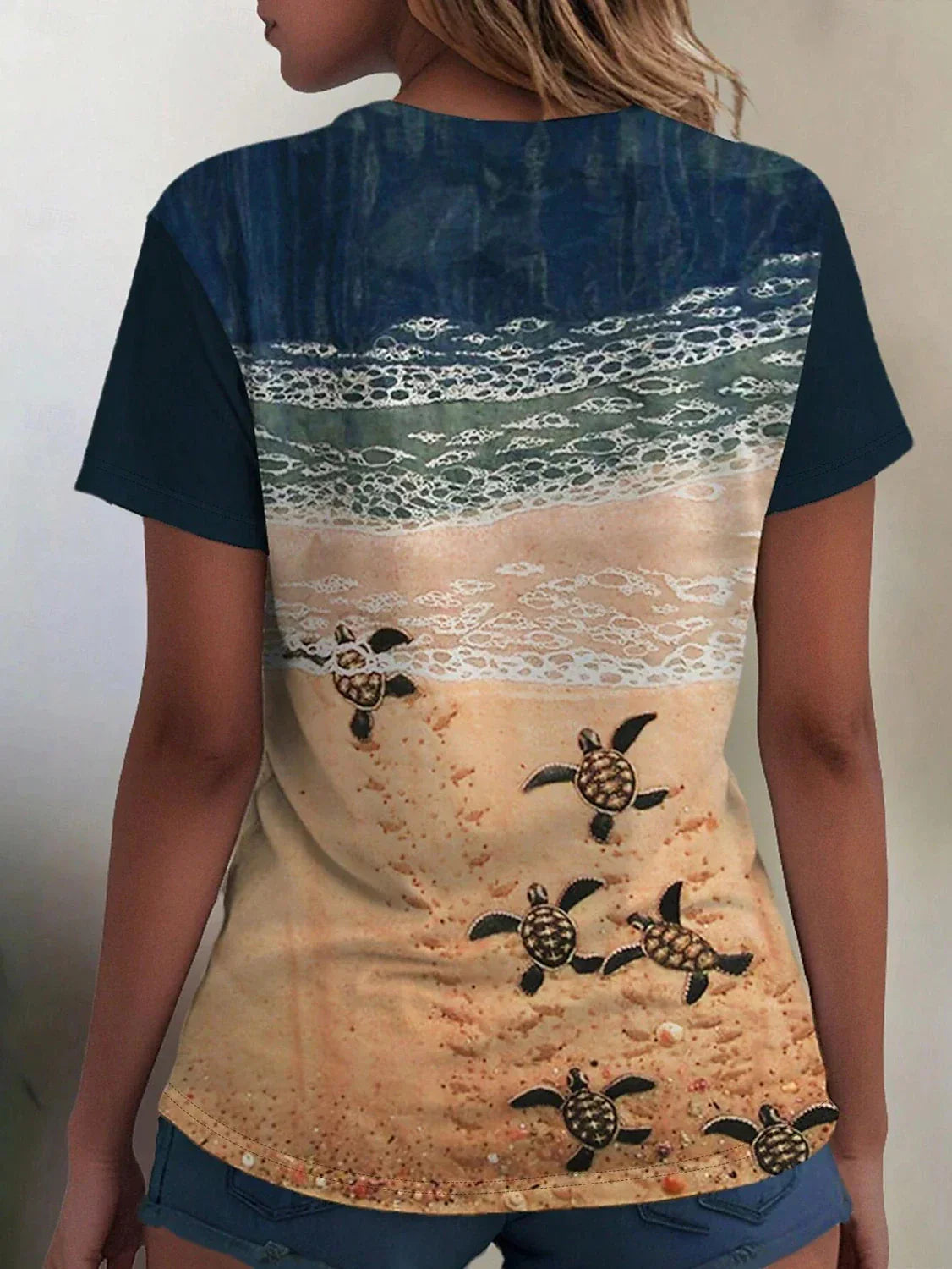 Damen-T-Shirt Ocean Casual Kurzarm Rundhalsausschnitt Reguläre Oberteile Täglicher Druck Blau Sommer Frühling