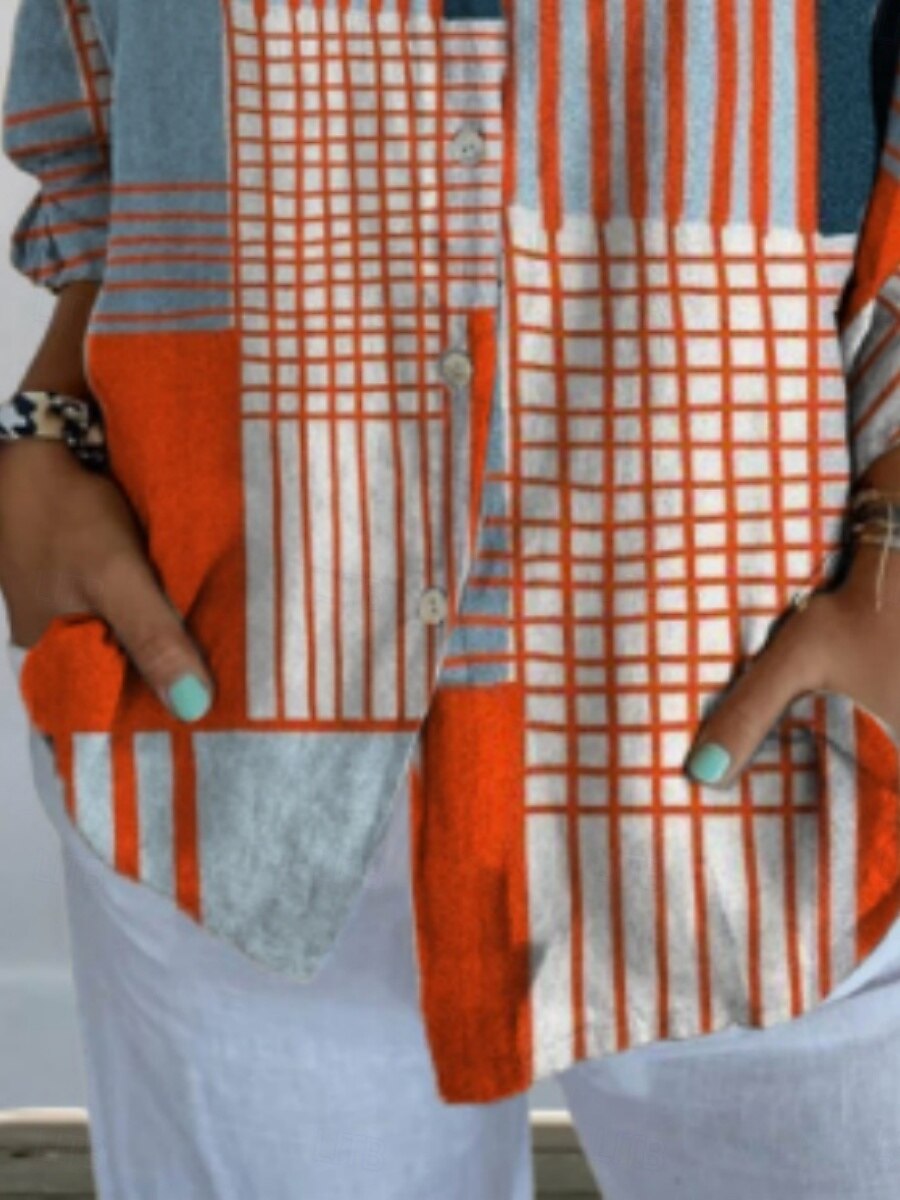 Damenbluse mit geometrischem Farbblock, stilvolles Langarmhemd mit Kragen, normale Passform, für den Alltag und Urlaub, mit Knöpfen und Print, blau, Sommer