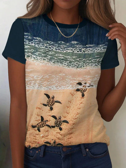 Damen-T-Shirt Ocean Casual Kurzarm Rundhalsausschnitt Reguläre Oberteile Täglicher Druck Blau Sommer Frühling